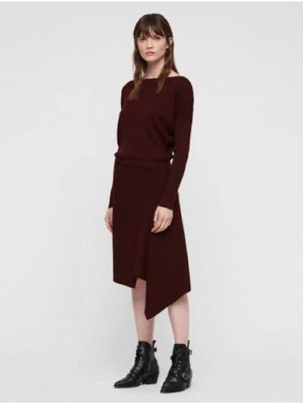 All Saints Asymmetrical Midi Dress in Burgundy